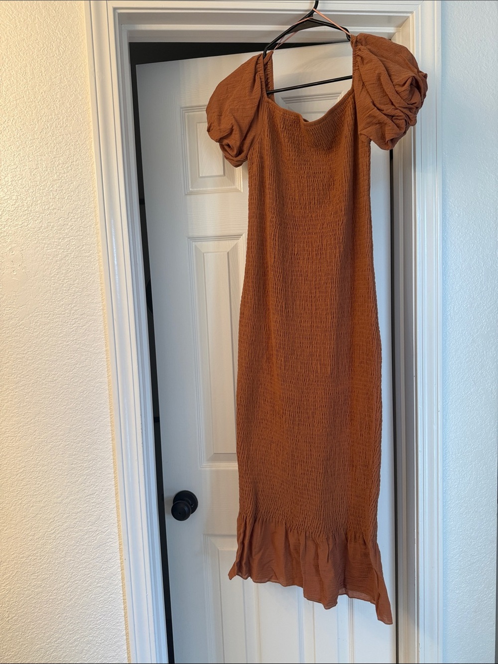 Baltic Born Rust Brown Puff-Sleeve Midi Dress